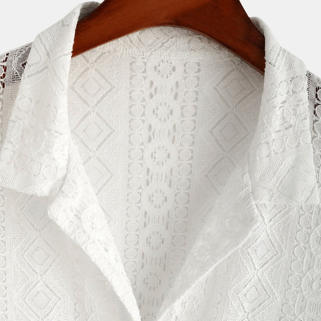 Men's Geometry Textured Cuban Shirt & Linen Cotton Blend Cropped Pants