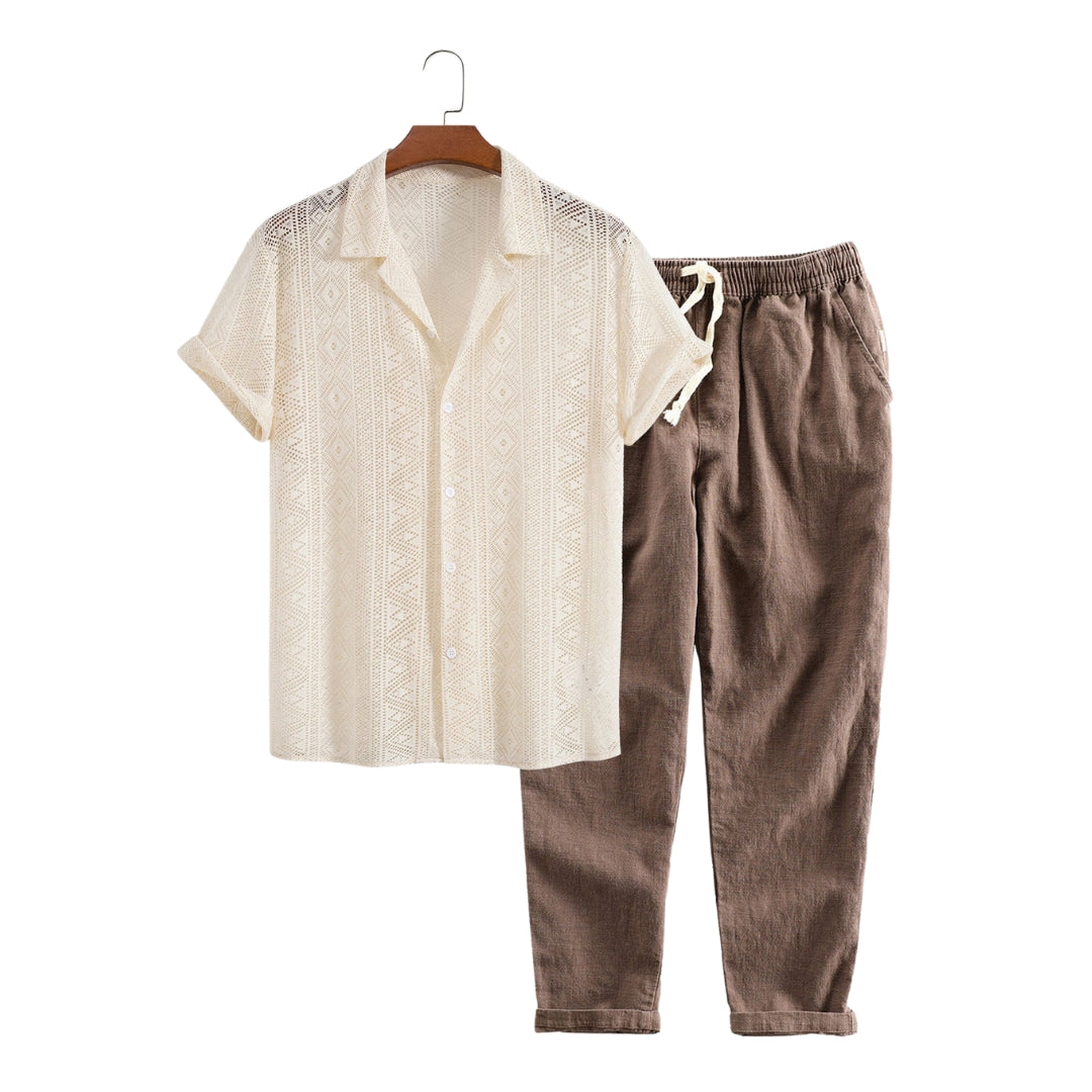 Men's Short Sleeve Geometry Textured Cuban Shirt & Linen Cotton Blend Cropped Pants