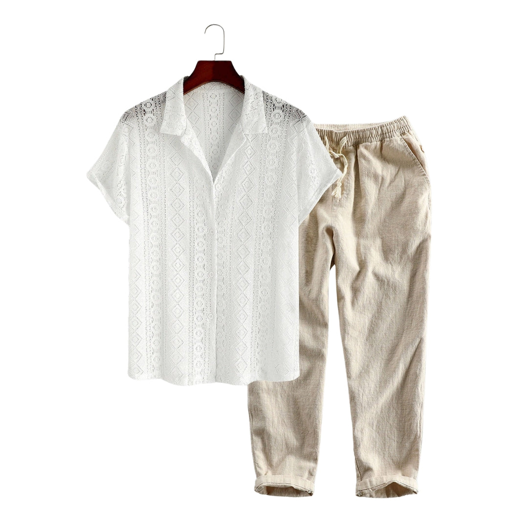 Men's Geometry Textured Cuban Shirt & Linen Cotton Blend Cropped Pants