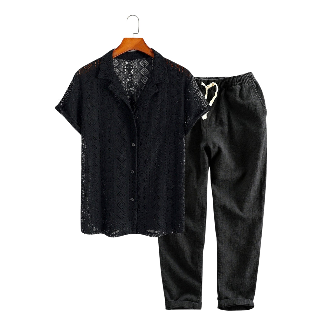 Men's Geometry Textured Cuban Shirt & Linen Cotton Blend Cropped Pants