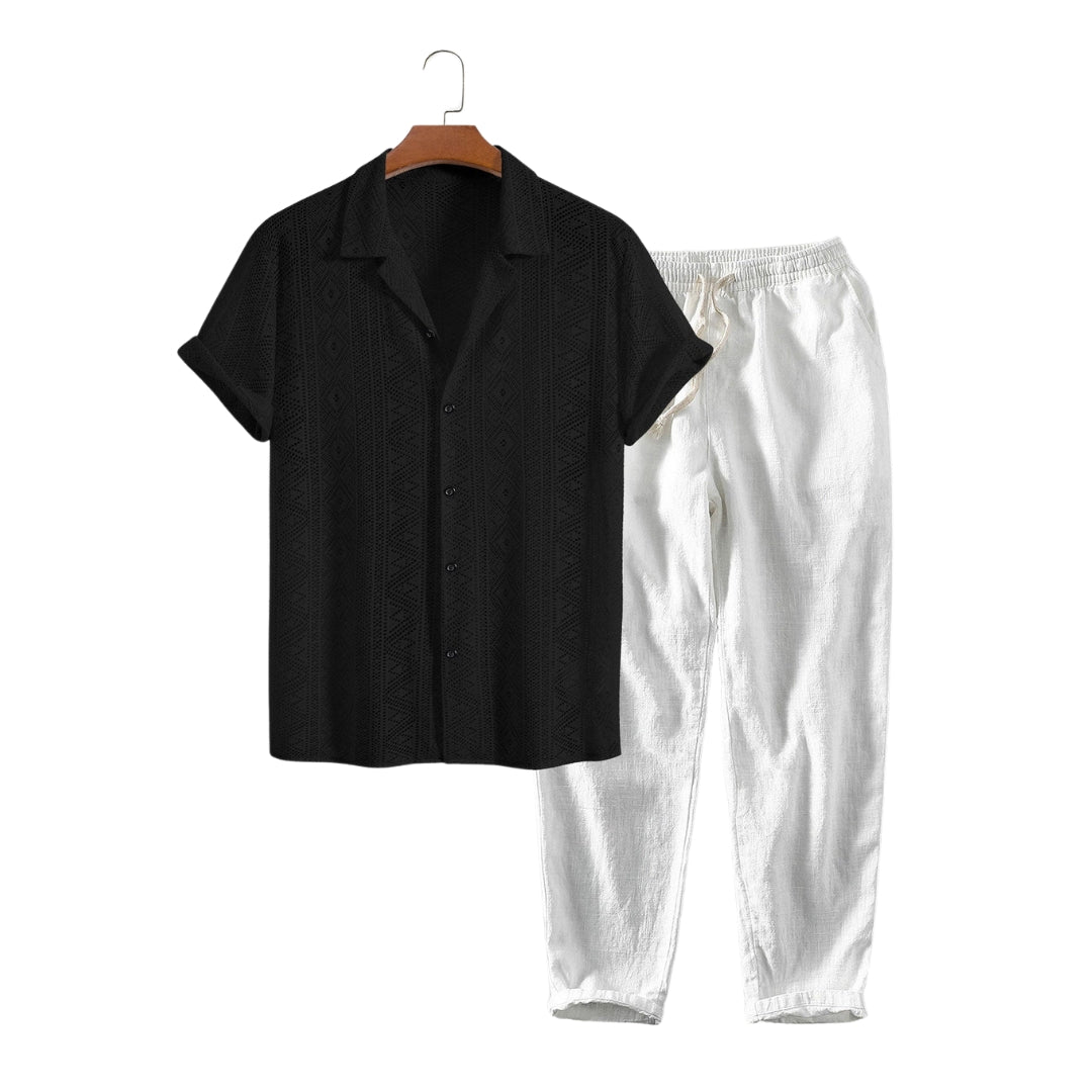 Men's Short Sleeve Geometry Textured Cuban Shirt & Linen Cotton Blend Cropped Pants