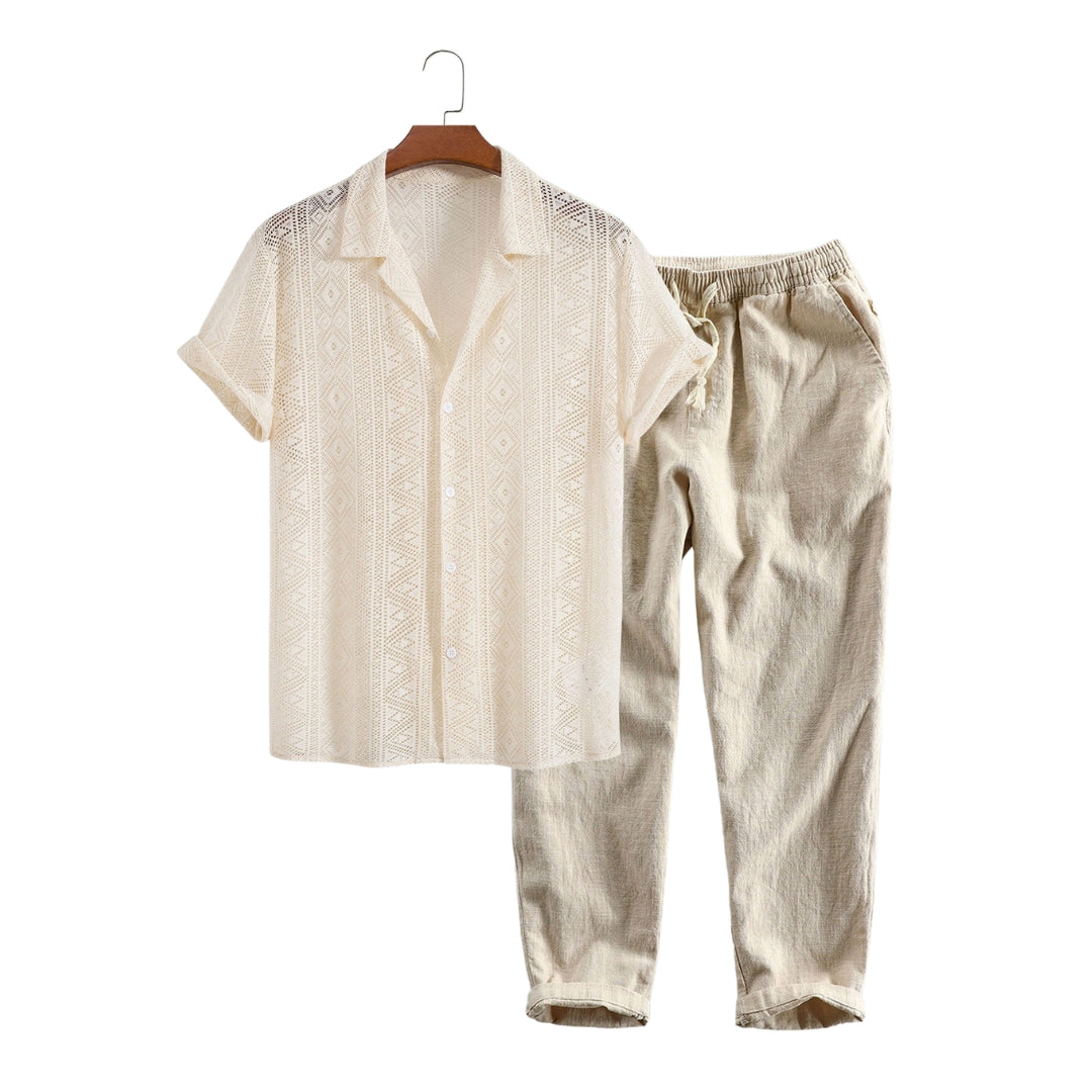 Men's Short Sleeve Geometry Textured Cuban Shirt & Linen Cotton Blend Cropped Pants