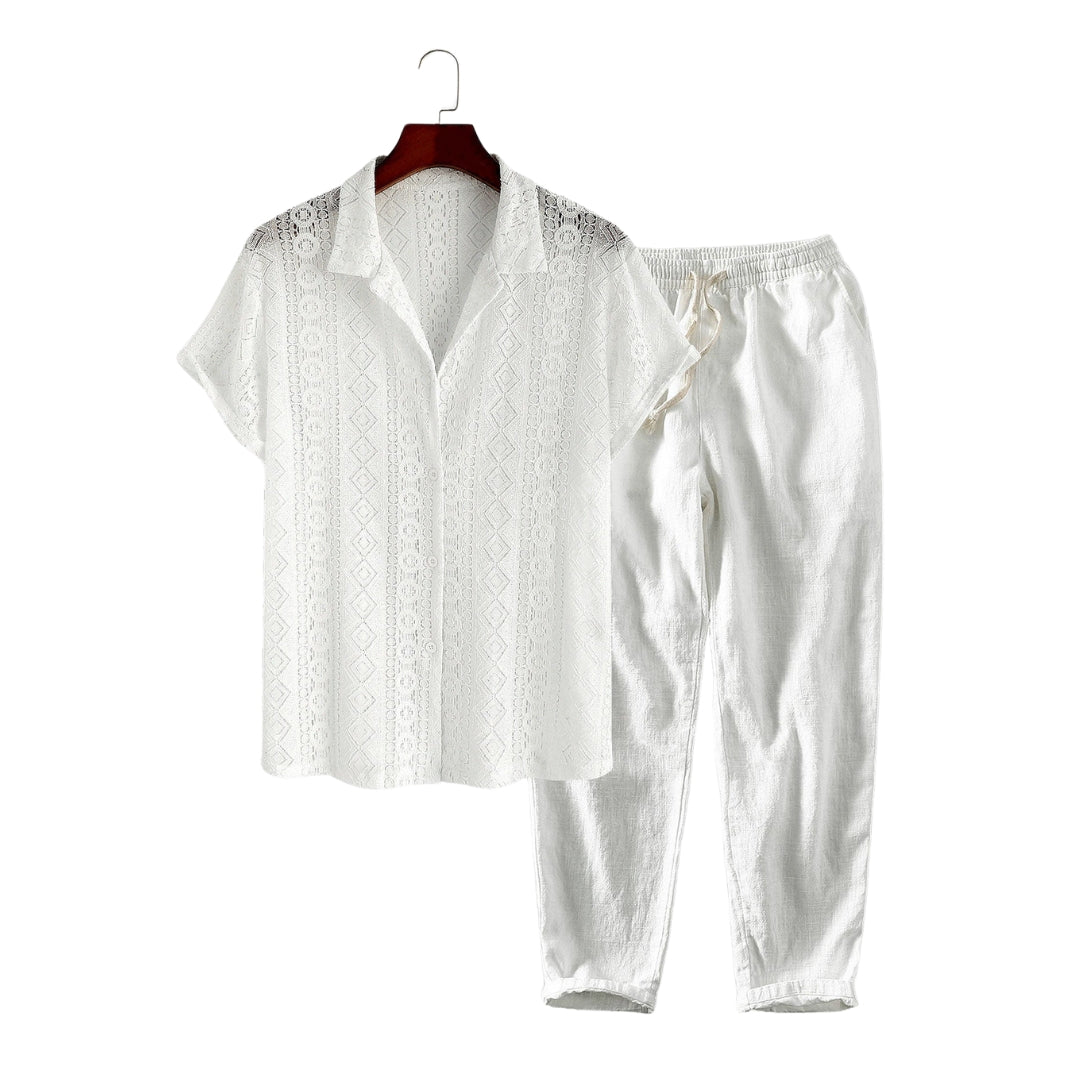 Men's Geometry Textured Cuban Shirt & Linen Cotton Blend Cropped Pants